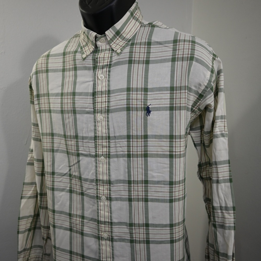VTG Polo Ralph Lauren Button Up Shirt Mens Medium Green Plaid Long Sleeve